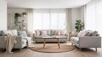 A living room with white furniture and a round rug photo