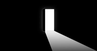 A door stands ajar in a dark room, casting a vibrant beam of light onto the floor. The contrast highlights the stark difference between light and darkness, inviting exploration. video