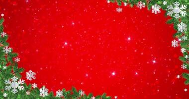 Christmas background with copyspace. Snowflakes on spruce branches and shiny falling snow on red background, seamless loop video