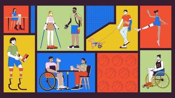 Inclusive lifestyle and accessibility animated bento grid layout. Diverse people with disabilities daily routines 2D animation flat cartoon ui collage design. 4K motion graphic collection video