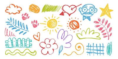 Collection of Funny Naive Multicolored Doodles Hand Drawn with Pencil and Charcoal. Colorful scribbles with happy vibes and grunge texture. Banner with random wobbly shapes vector