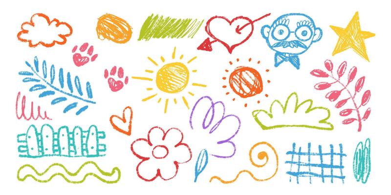 Collection of Funny Naive Multicolored Doodles Hand Drawn with Pencil and Charcoal. Colorful scribbles with happy vibes and grunge texture. Banner with random wobbly shapes