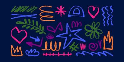 Collection of Childish and Naive Multicolored Doodles Hand Drawn with Pencil and Charcoal. Colorful scribbles with happy vibes and grunge texture on blue background. Banner with random wobbly shapes vector