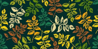 Colorful Seamless Pattern with Hand Drawn Ink Branches with Leaves. Nature contemporary floral art design in retro style with subtle grunge effect perfect for modern print projects, fashion, wrapping vector