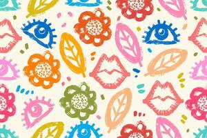 Creative Seamless Pattern with Trendy Bold Lips, Flowers, Leaves, Eyes Isolated on Simple White Background. Colorful decorative and minimal hand drawn design perfect for print, fashion, wrapping paper vector