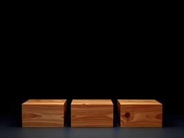 row of three pieces of wood in the shape of a box. Suitable for product stands photo