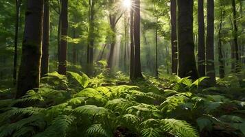 A dense forest with sunlight filtering through green leaves photo