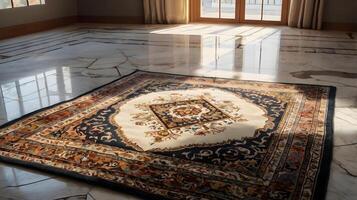 A prayer rug on a marble floor near an open window with gentle sunlight filtering through photo