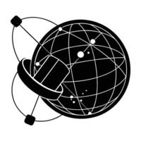 A Celestial Globe Orbits A Mysterious Cube, Symbolizing Global Connection And Technological Advancement In A Stark Black And White Illustration vector