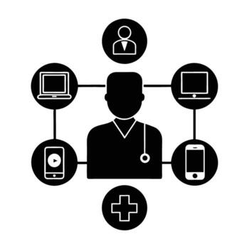 Remote patient monitoring via digital network silhouette on white background vector