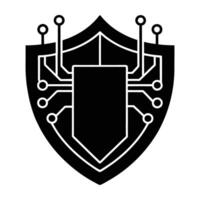 Cybersecurity shield protecting smart network silhouette isolated on white background vector