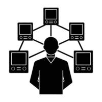 Network administrator monitoring connections silhouette on white background with clarity vector
