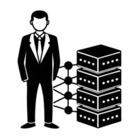 Server administrator managing a data network silhouette on white background vector
