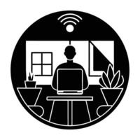 Silhouette of remote working setup with internet connection on white background vector