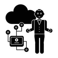 Cloud based AI assistant managing tasks silhouette isolated on white background vector