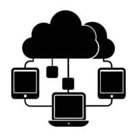 Storage connection in cloud across multiple devices silhouette isolated on white background vector