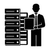Silhouette of server administrator managing data network on white background vector