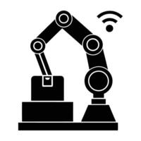 Networked robotic arm working in a smart factory silhouette on white background vector