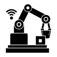 Smart factory networked robotic arm silhouette operating on white background vector