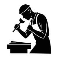 Skilled artist carving wood with a chisel line art silhouette isolated on white background design vector