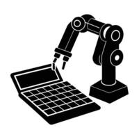 Creative robotic arm typing on a keyboard line art silhouette isolated on white background design vector