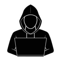 Silhouette of hacker in hoodie at computer shown on white background vector
