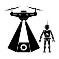 Impressive robotic drone scanning area line art silhouette isolated on white background design vector