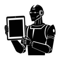 AI enhanced robotic hand holding a futuristic tablet silhouette boldly isolated on white background vector