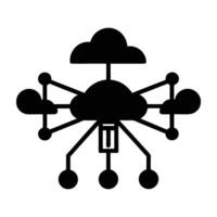 Autonomous AI drone interacting with a cloud network silhouette vector