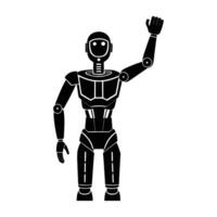 Unique humanoid robot with one hand raised line art silhouette isolated on white background design vector