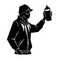 Bold artist holding a spray paint can line art silhouette isolated on white background design vector