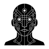 Creative robotic face with multiple sensors line art silhouette isolated on white background design vector