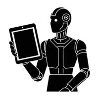 Advanced robotic hand enhanced by AI holding a futuristic tablet silhouette clearly isolated on white background vector