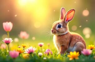 Bunny in a flower meadow with Easter eggs, warm and joyful spring atmosphere photo