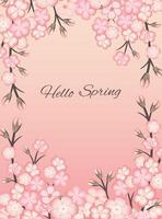 Spring background with blossoming sakura branch on pink background. Inscription Hello spring. vector