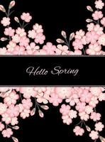 Spring background with blossoming sakura branch, branch of blossoming Japanese cherry on black background. Vertical format A4. vector