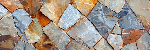 Close-up view reveals an intricate arrangement of natural stones, highlighting varying colors and textures that enhance the surface's appeal photo