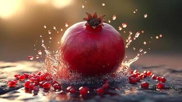 A pomegranate is splashing water on the ground photo
