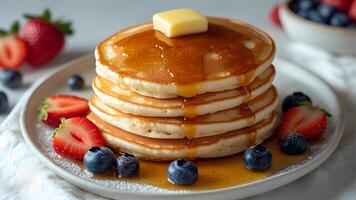 A stack of pancakes with syrup and berries photo