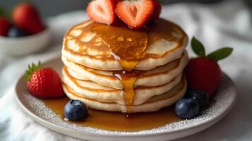 A stack of pancakes with syrup and berries photo
