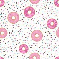 Seamless pattern with donuts with pink glaze and colored sprinkles on a white background. vector