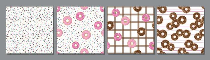 Set of seamless patterns with donuts with pink and chocolate glaze and colored powder on a white background. Perfect for wrapping paper, prints. vector