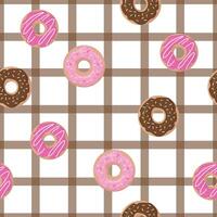 Seamless pattern with donuts with pink glaze and colored sprinkles . vector