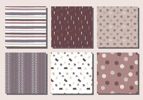 A set of six different textile seamless patterns that showcase a variety of geometric shapes such as stripes, polka dots, and geometric shapes in warm pastel colors. vector