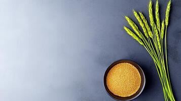 Overhead View of Wheat Grains in Bowl with Green Stalks on Gray Background photo