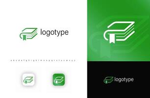 Minimalist book logo with abstract green lines and bookmark. Modern education and knowledge symbol for schools, universities, publishing, digital learning platforms. logo vector