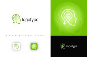 Head with electric plug forming brain, symbolizing intelligence, energy, innovation. Represents AI, neuroscience, psychology, smart technology. logo for tech startups, learning platforms. vector