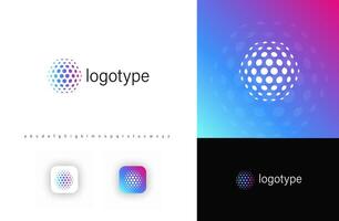Futuristic sphere made of dotted patterns symbolizing digital networks, AI innovation. Represents technology, global connectivity, big data. Ideal for tech software, cybersecurity. logo vector