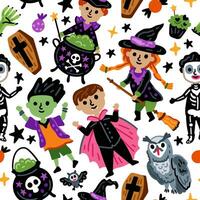 Seamless pattern of Halloween characters, Children with funny and scary witch, zombie and monster costumes background vector