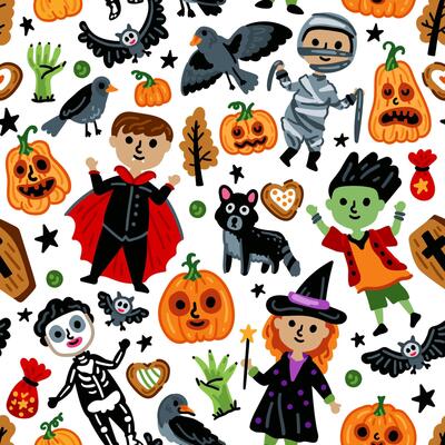 Halloween characters Seamless pattern. Children in funny background